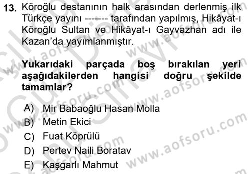 Halk Hikayeleri Dersi 2025 - 2026 Yılı (Final) Dönem Sonu Sınav Soruları 13. Soru