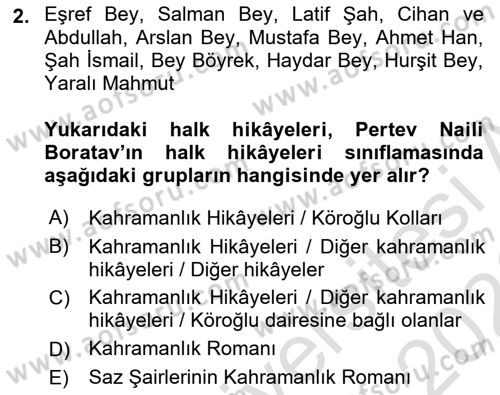 Halk Hikayeleri Dersi 2025 - 2026 Yılı (Final) Dönem Sonu Sınav Soruları 2. Soru