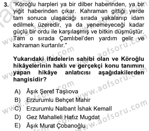 Halk Hikayeleri Dersi 2025 - 2026 Yılı (Final) Dönem Sonu Sınav Soruları 3. Soru