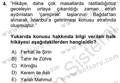 Halk Hikayeleri Dersi 2025 - 2026 Yılı (Final) Dönem Sonu Sınav Soruları 4. Soru