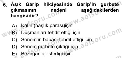 Halk Hikayeleri Dersi 2025 - 2026 Yılı (Final) Dönem Sonu Sınav Soruları 6. Soru