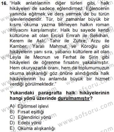 Halk Masalları Dersi 2012 - 2013 Yılı (Final) Dönem Sonu Sınav Soruları 16. Soru