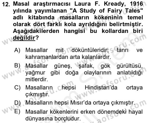 Halk Masalları Dersi 2017 - 2018 Yılı (Vize) Ara Sınav Soruları 12. Soru