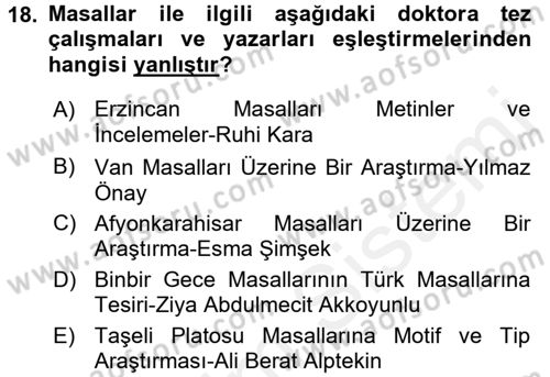 Halk Masalları Dersi 2017 - 2018 Yılı (Vize) Ara Sınav Soruları 18. Soru