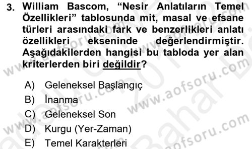 Halk Masalları Dersi 2017 - 2018 Yılı (Vize) Ara Sınav Soruları 3. Soru