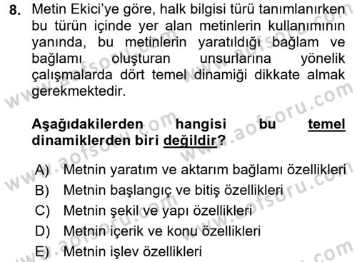 Halk Masalları Dersi 2017 - 2018 Yılı (Vize) Ara Sınav Soruları 8. Soru