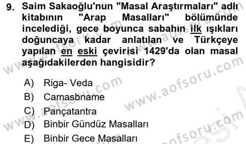 Halk Masalları Dersi 2017 - 2018 Yılı (Vize) Ara Sınav Soruları 9. Soru