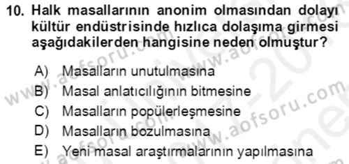 Halk Masalları Dersi 2017 - 2018 Yılı (Final) Dönem Sonu Sınav Soruları 10. Soru