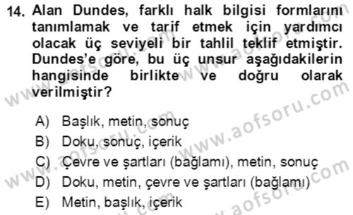 Halk Masalları Dersi 2018 - 2019 Yılı (Vize) Ara Sınav Soruları 14. Soru