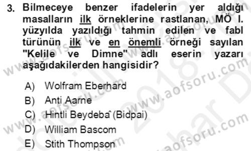 Halk Masalları Dersi 2018 - 2019 Yılı (Vize) Ara Sınav Soruları 3. Soru