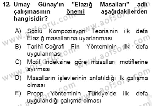 Halk Masalları Dersi 2018 - 2019 Yılı (Final) Dönem Sonu Sınav Soruları 12. Soru