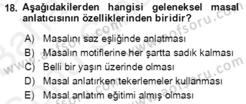 Halk Masalları Dersi 2018 - 2019 Yılı (Final) Dönem Sonu Sınav Soruları 18. Soru