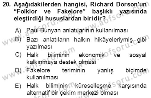 Halk Masalları Dersi 2018 - 2019 Yılı (Final) Dönem Sonu Sınav Soruları 20. Soru