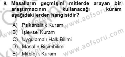 Halk Masalları Dersi 2018 - 2019 Yılı Yaz Okulu Sınav Soruları 8. Soru