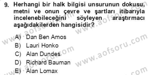 Halk Masalları Dersi 2018 - 2019 Yılı Yaz Okulu Sınav Soruları 9. Soru