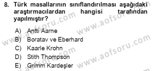 Halk Masalları Dersi 2020 - 2021 Yılı Yaz Okulu Sınav Soruları 8. Soru