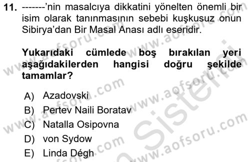 Halk Masalları Dersi 2022 - 2023 Yılı Yaz Okulu Sınav Soruları 11. Soru