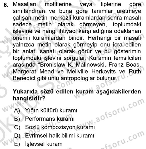 Halk Masalları Dersi 2022 - 2023 Yılı Yaz Okulu Sınav Soruları 6. Soru