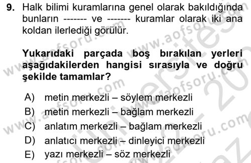 Halk Masalları Dersi 2022 - 2023 Yılı Yaz Okulu Sınav Soruları 9. Soru