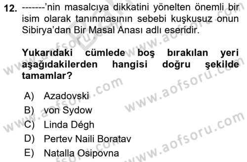 Halk Masalları Dersi 2023 - 2024 Yılı (Final) Dönem Sonu Sınav Soruları 12. Soru