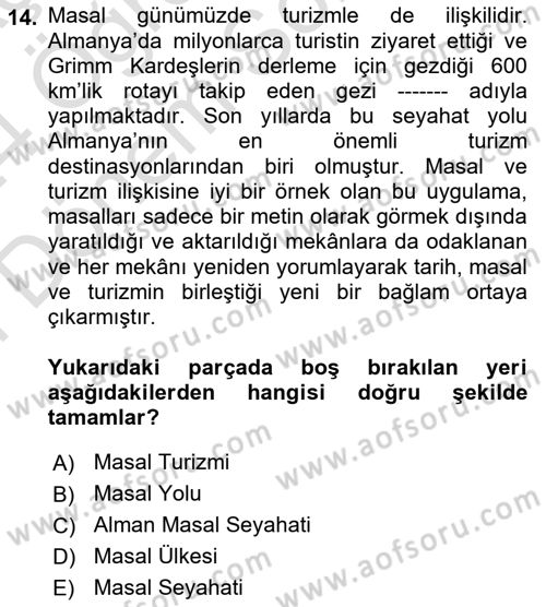 Halk Masalları Dersi 2023 - 2024 Yılı (Final) Dönem Sonu Sınav Soruları 14. Soru