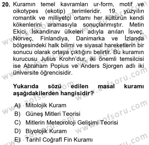 Halk Masalları Dersi 2023 - 2024 Yılı (Final) Dönem Sonu Sınav Soruları 20. Soru