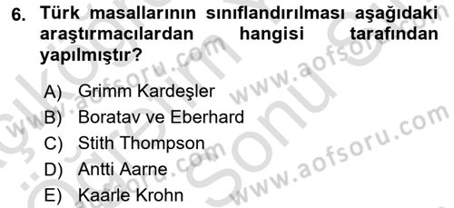Halk Masalları Dersi 2023 - 2024 Yılı (Final) Dönem Sonu Sınav Soruları 6. Soru