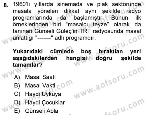 Halk Masalları Dersi 2023 - 2024 Yılı (Final) Dönem Sonu Sınav Soruları 8. Soru