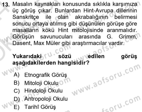Halk Masalları Dersi 2023 - 2024 Yılı Yaz Okulu Sınav Soruları 13. Soru