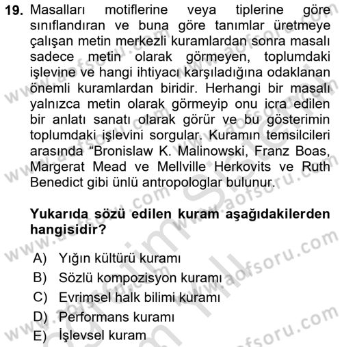 Halk Masalları Dersi 2023 - 2024 Yılı Yaz Okulu Sınav Soruları 19. Soru