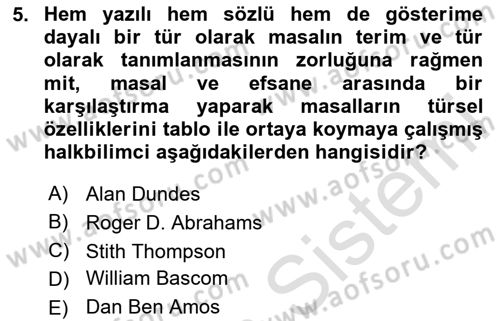 Halk Masalları Dersi 2023 - 2024 Yılı Yaz Okulu Sınav Soruları 5. Soru