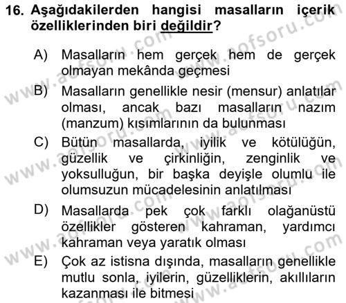 Halk Masalları Dersi Ara Sınavı Deneme Sınav Soruları 16. Soru