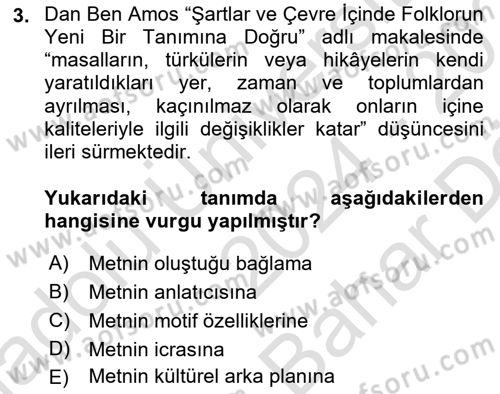 Halk Masalları Dersi 2024 - 2025 Yılı (Vize) Ara Sınav Soruları 3. Soru