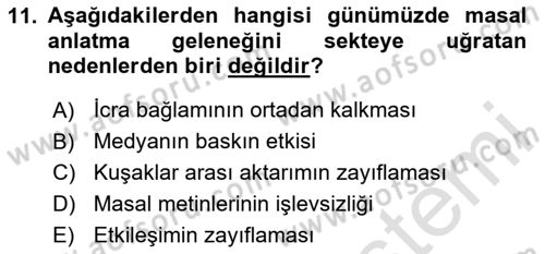 Halk Masalları Dersi 2024 - 2025 Yılı (Final) Dönem Sonu Sınav Soruları 11. Soru