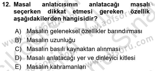 Halk Masalları Dersi 2024 - 2025 Yılı (Final) Dönem Sonu Sınav Soruları 12. Soru
