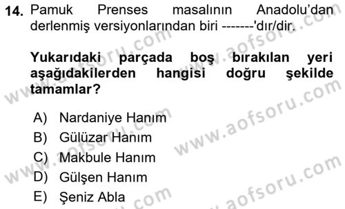 Halk Masalları Dersi 2024 - 2025 Yılı (Final) Dönem Sonu Sınav Soruları 14. Soru