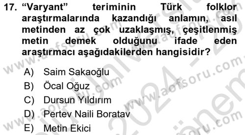 Halk Masalları Dersi 2024 - 2025 Yılı (Final) Dönem Sonu Sınav Soruları 17. Soru