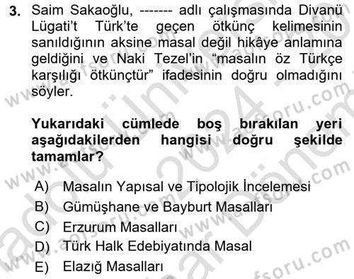 Halk Masalları Dersi 2024 - 2025 Yılı (Final) Dönem Sonu Sınav Soruları 3. Soru