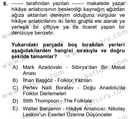 Halk Masalları Dersi 2024 - 2025 Yılı (Final) Dönem Sonu Sınav Soruları 8. Soru