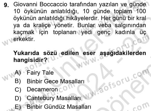 Halk Masalları Dersi 2024 - 2025 Yılı (Final) Dönem Sonu Sınav Soruları 9. Soru