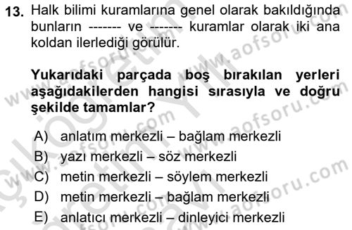Halk Masalları Dersi 2024 - 2025 Yılı Yaz Okulu Sınav Soruları 13. Soru