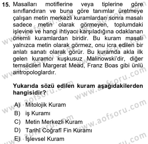 Halk Masalları Dersi 2024 - 2025 Yılı Yaz Okulu Sınav Soruları 15. Soru