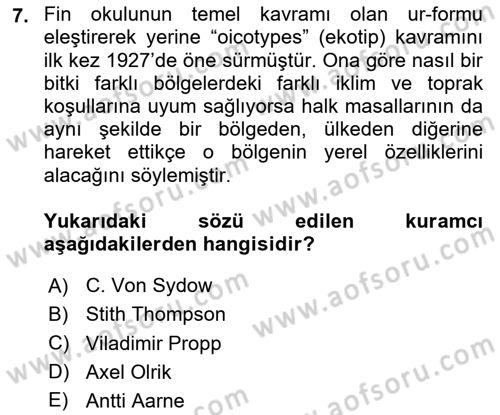 Halk Masalları Dersi 2024 - 2025 Yılı Yaz Okulu Sınav Soruları 7. Soru