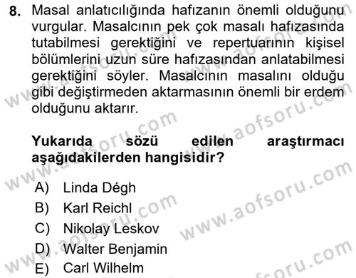 Halk Masalları Dersi 2024 - 2025 Yılı Yaz Okulu Sınav Soruları 8. Soru