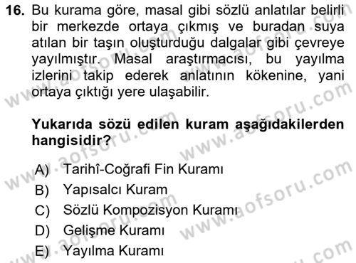 Halk Masalları Dersi 2025 - 2026 Yılı (Vize) Ara Sınav Soruları 16. Soru