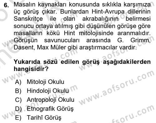 Halk Masalları Dersi 2025 - 2026 Yılı (Vize) Ara Sınav Soruları 6. Soru