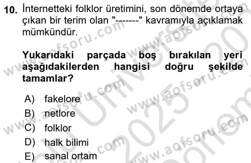 Halk Masalları Dersi 2025 - 2026 Yılı (Final) Dönem Sonu Sınav Soruları 10. Soru