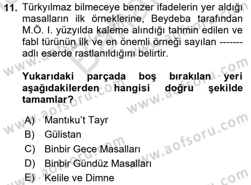 Halk Masalları Dersi 2025 - 2026 Yılı (Final) Dönem Sonu Sınav Soruları 11. Soru
