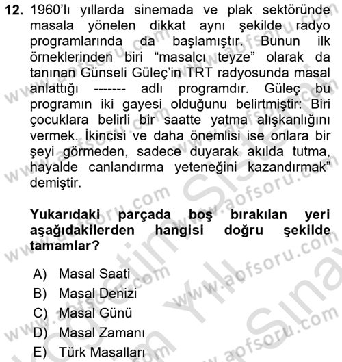 Halk Masalları Dersi 2025 - 2026 Yılı (Final) Dönem Sonu Sınav Soruları 12. Soru
