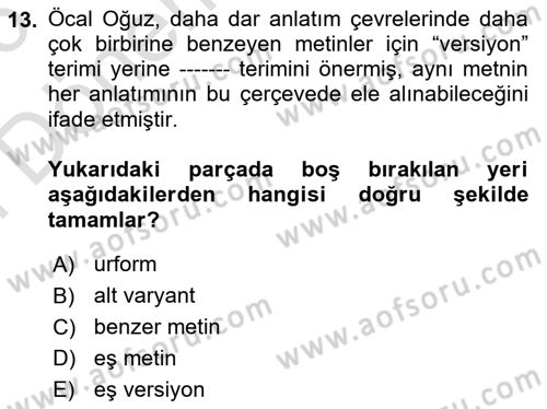 Halk Masalları Dersi 2025 - 2026 Yılı (Final) Dönem Sonu Sınav Soruları 13. Soru